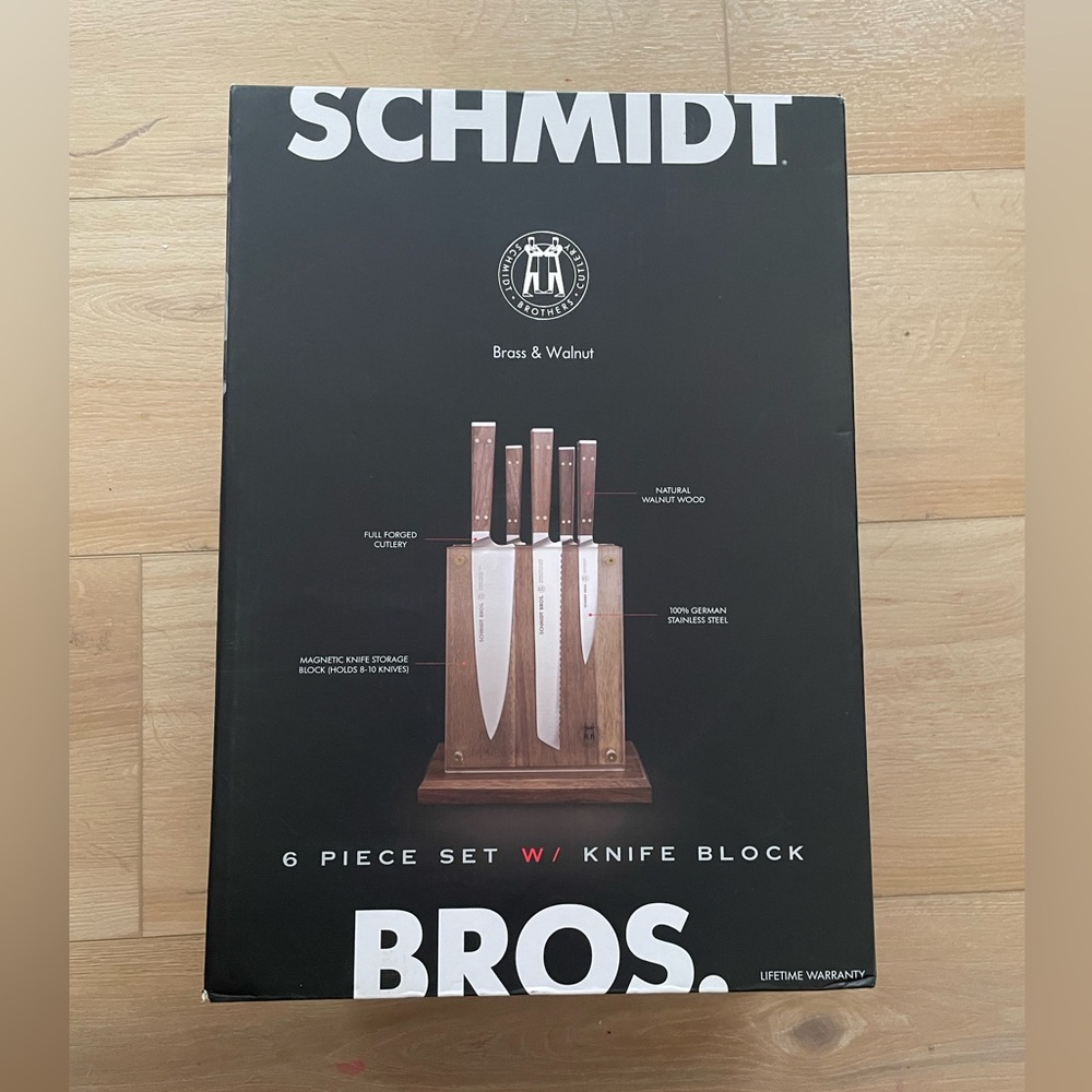 NIB Schmidt Bros Brass and Walnut 6-Piece Knife Set with Knife Block
